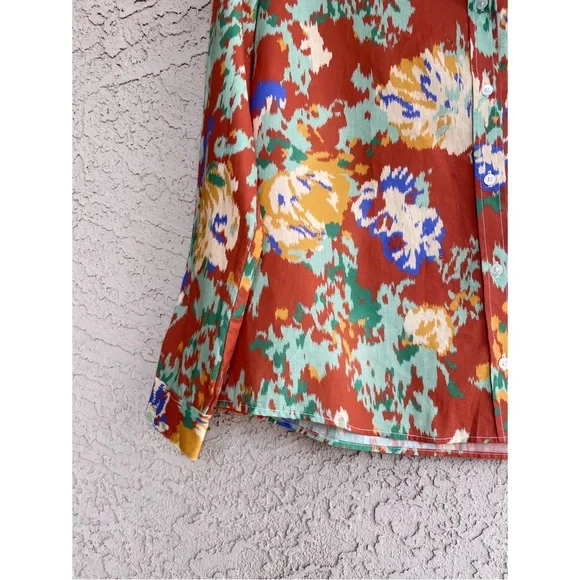 SEZANE NWT Rust Orange Green Abstract Floral Printed Button Down Pierro Shirt 38 - Picture 9 of 11